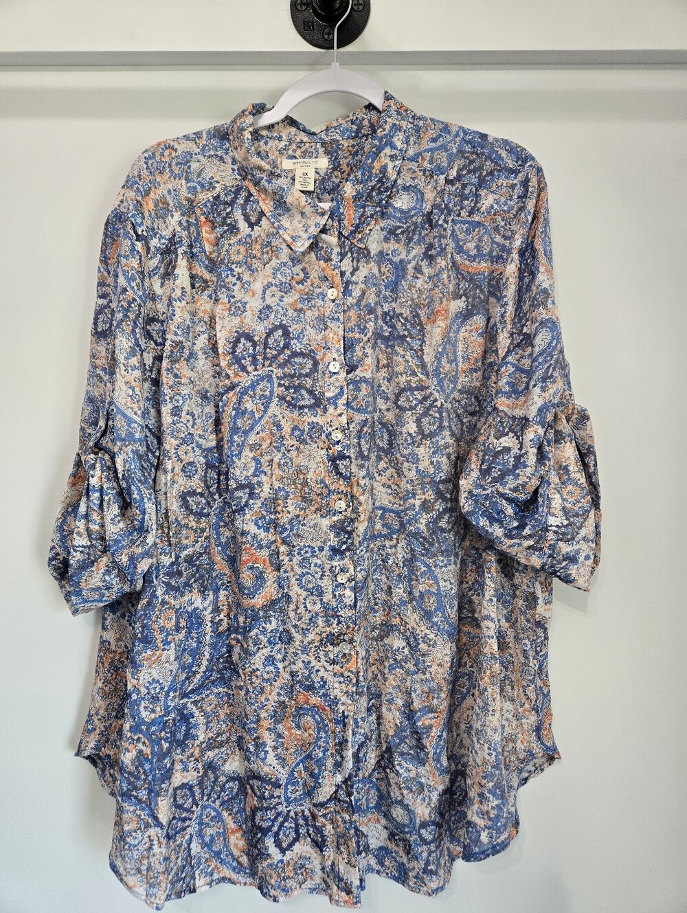 Westbound Women Blue Paisley Button Front Roll Tab Tunic Blouse Plus Size 2X